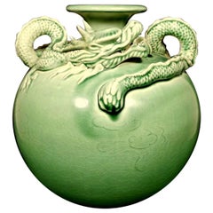 20th Century Celadon Craquelé Vase with Dragon China, 1950-1955