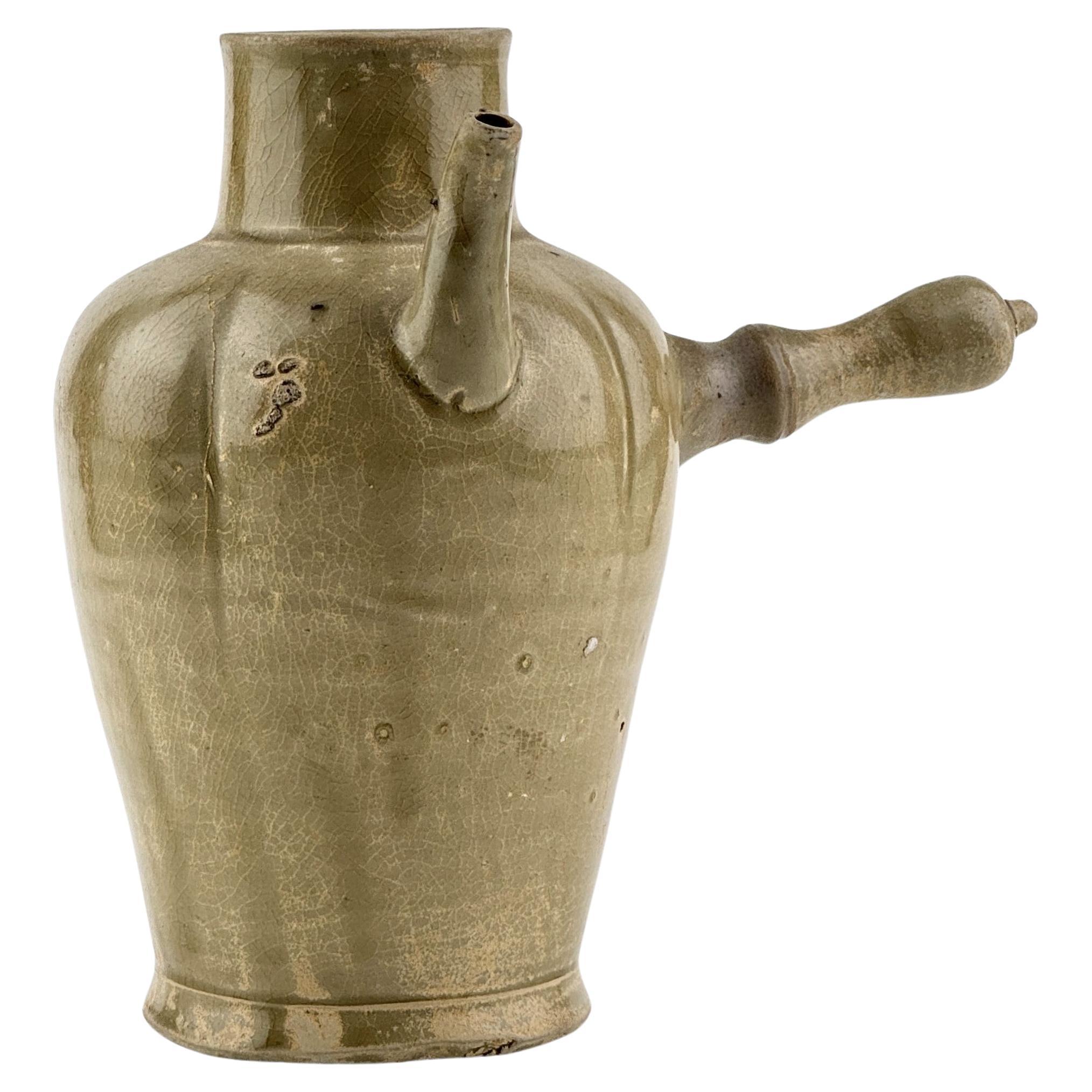Celadon Ewer with Straight Handle, Tang to Northern Song Dynasty For Sale