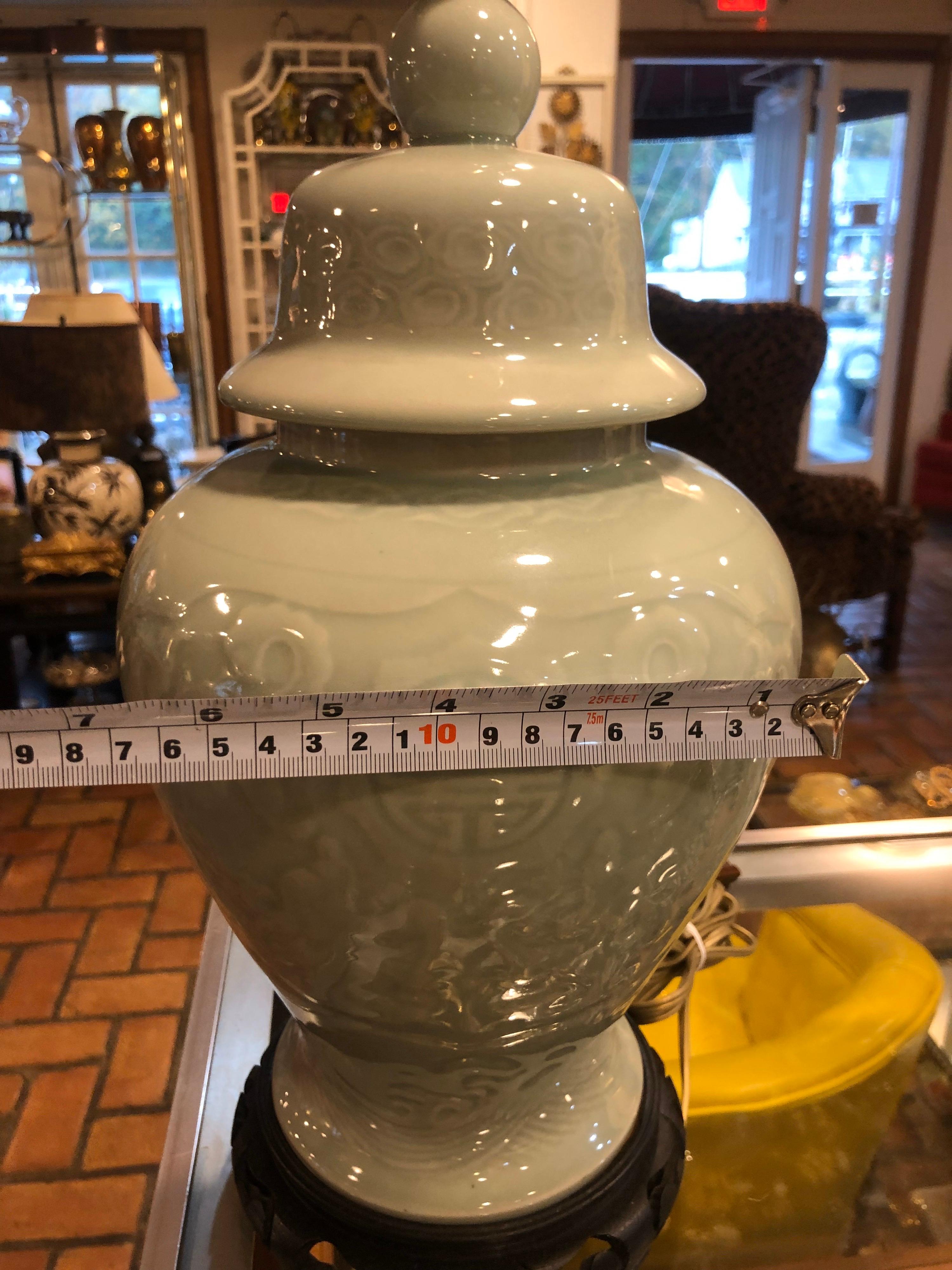 Celadon Ginger Jar Lamp with Pierced Wooden Base 2