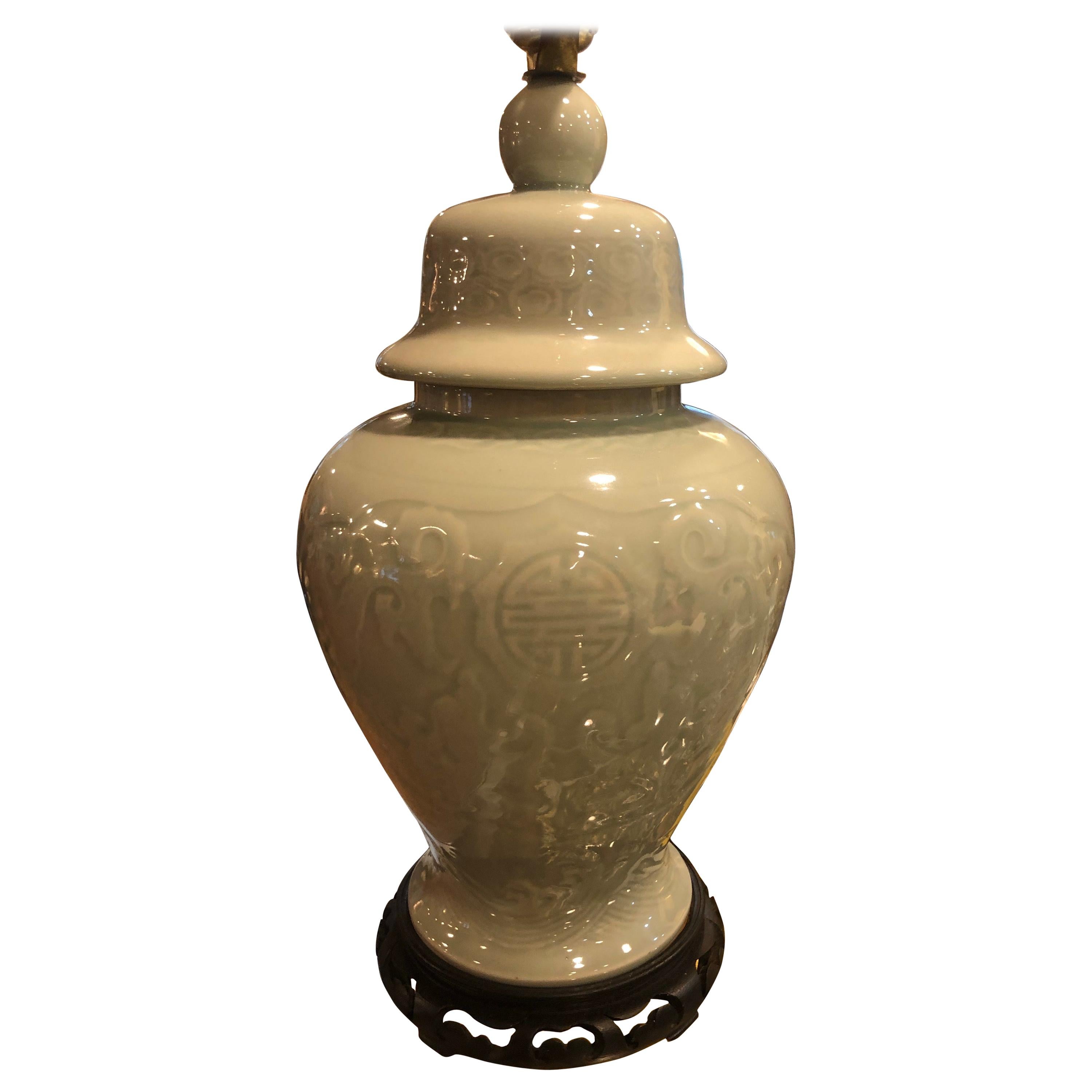 Celadon Ginger Jar Lamp with Pierced Wooden Base