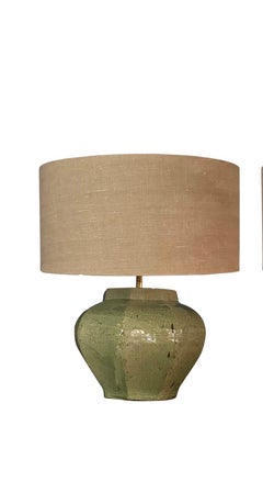 Celadon Glaze Octagonal Shaped Pair Lamps With Shades, China, Contemporary