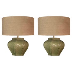 Celadon Glaze Octagonal Shaped Pair Lamps With Shades, China, Contemporary
