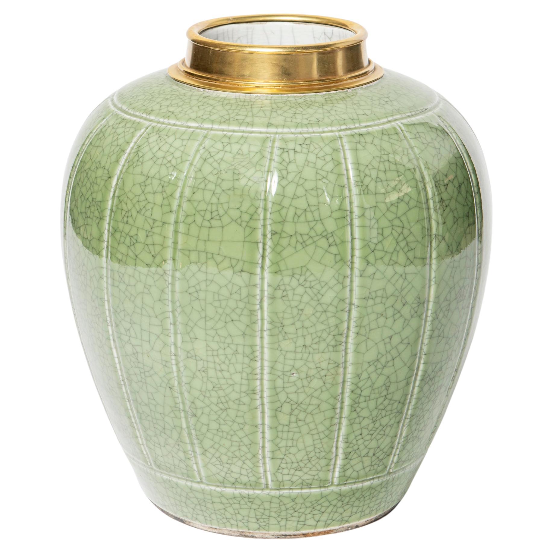Celadon glazed ceramic vase with a bronze neck, China, early 20th century. en venta