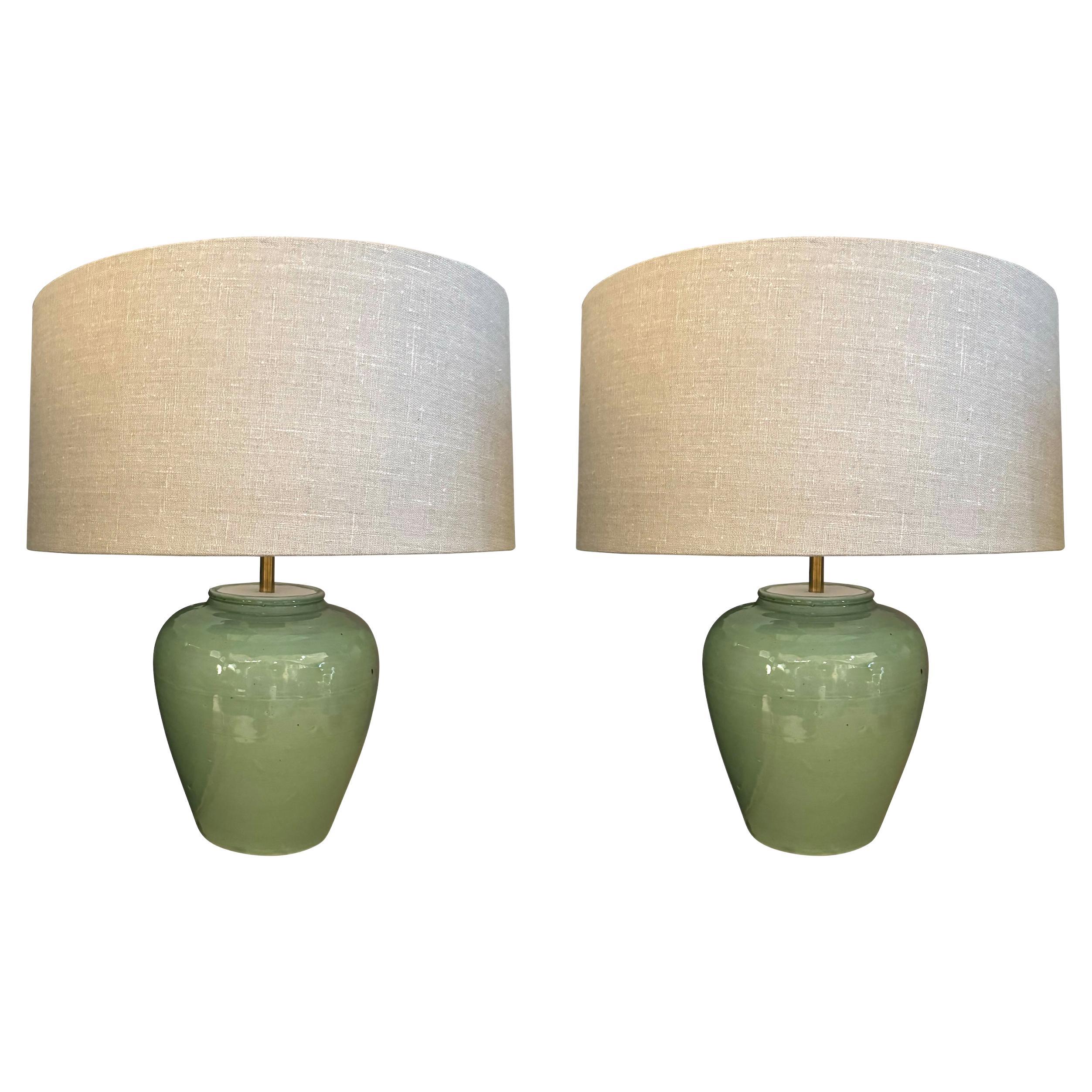 Celadon Glazed Pot Shaped Pair Lamps, China, Contemporary