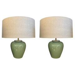 Celadon Glazed Pot Shaped Pair Lamps, China, Contemporary