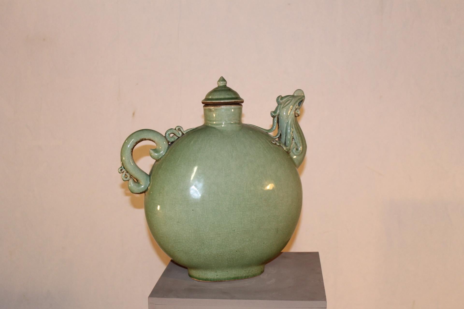 Hand-Crafted Celadon Green Ceramic Teapot, China, 20th Century For Sale