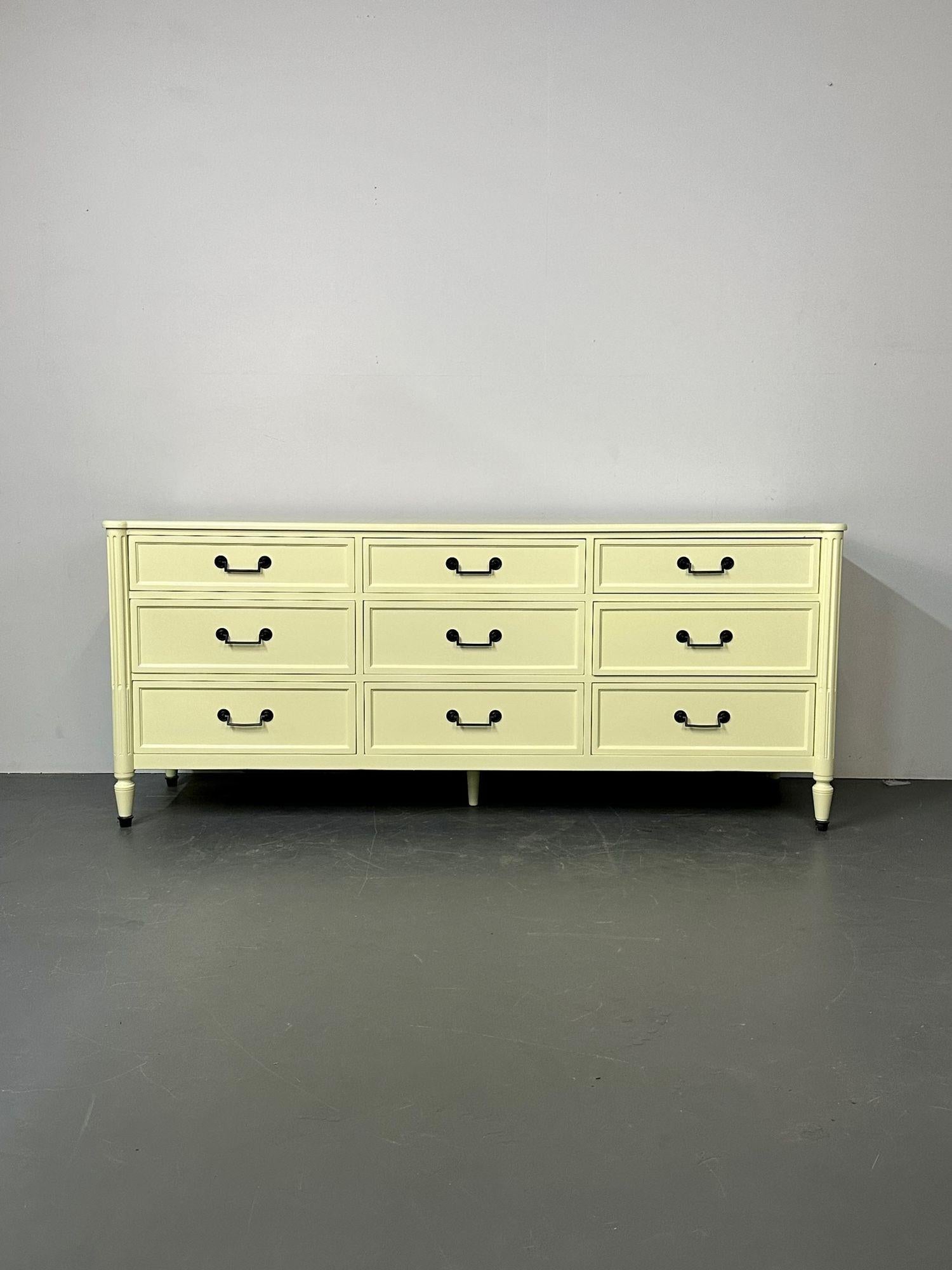 American Celadon Green Dresser / Sideboard by Baker, Brass Handles, Refinished, Regency For Sale