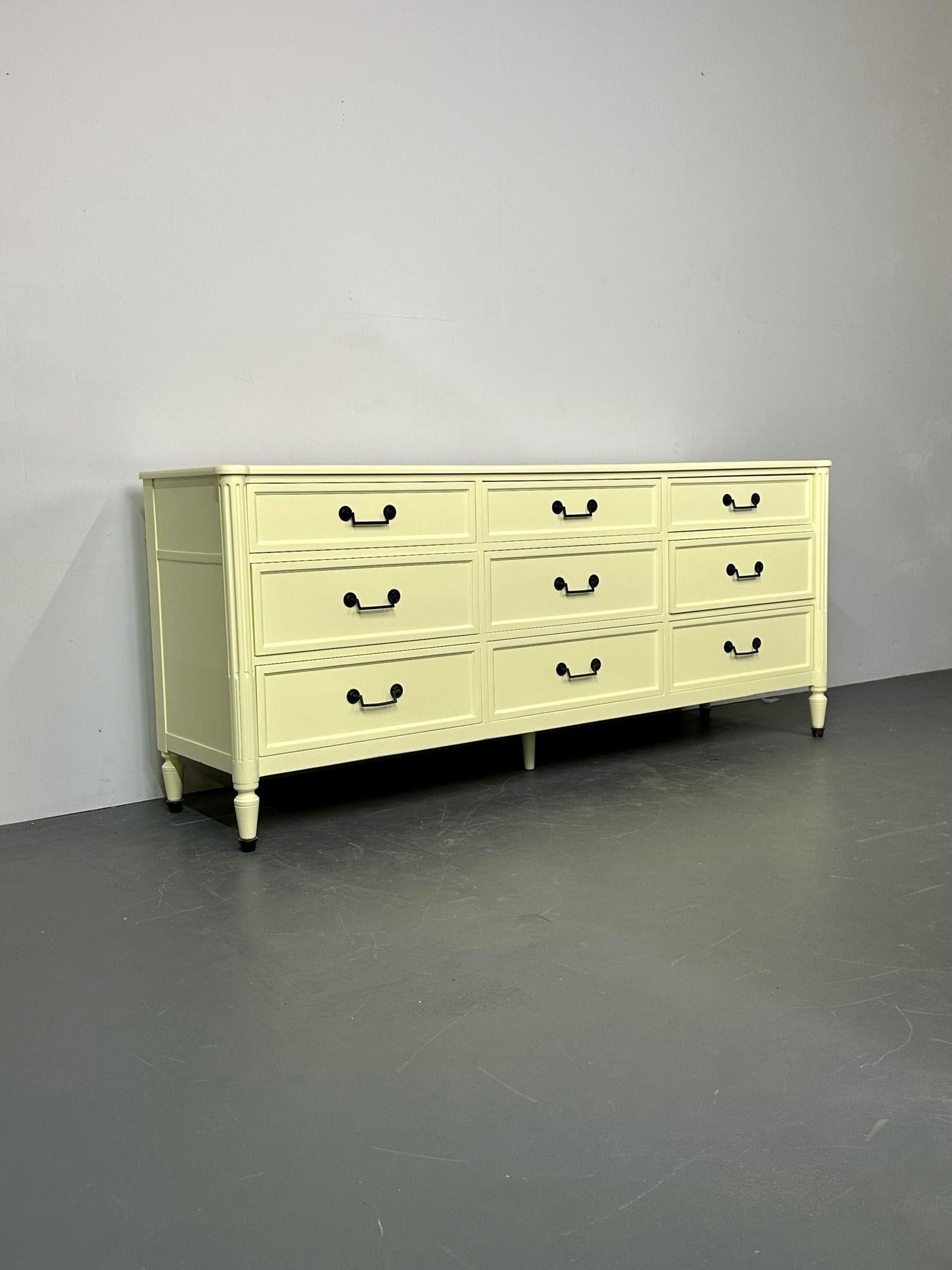 Celadon Green Dresser / Sideboard by Baker, Brass Handles, Refinished, Regency In Good Condition For Sale In Stamford, CT