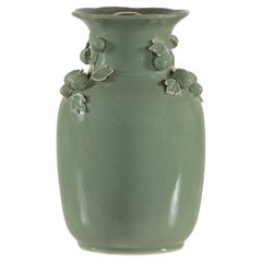 Celadon Green Glazed Ceramic Vase with Applied Fruit and Leaf Detail