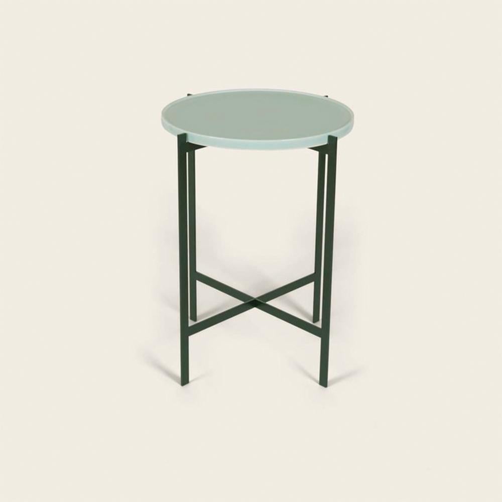 Celadon green porcelain small deck table by Ox Denmarq
Dimensions: D 43 x W 43 x H 55 cm
Materials: steel, porcelain
Also available: different top options available

Ox Denmarq is a Danish design brand aspiring to make beautiful handmade