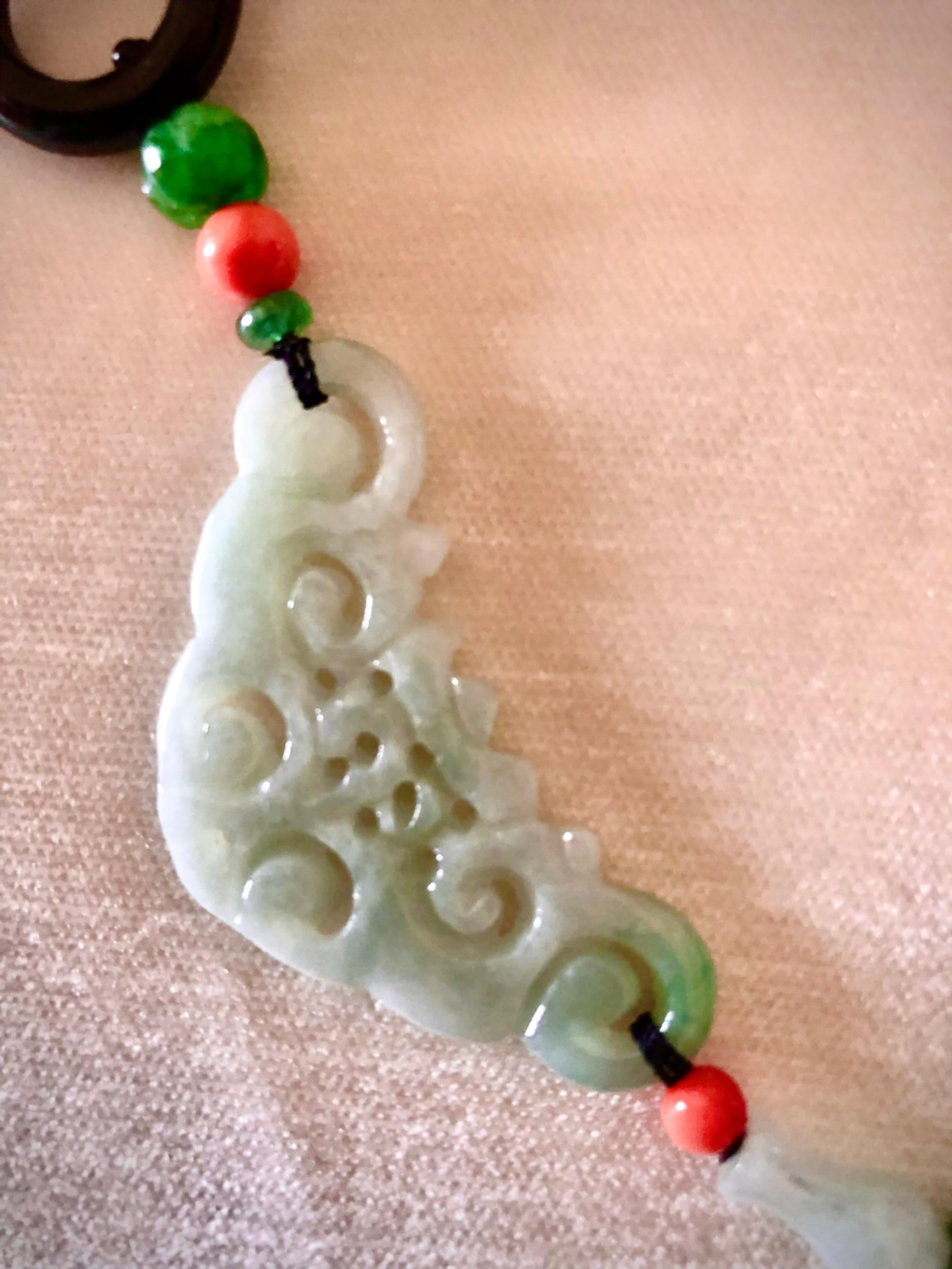 Art Deco Celadon Jade , black onyx , emerald and coral necklace For Sale