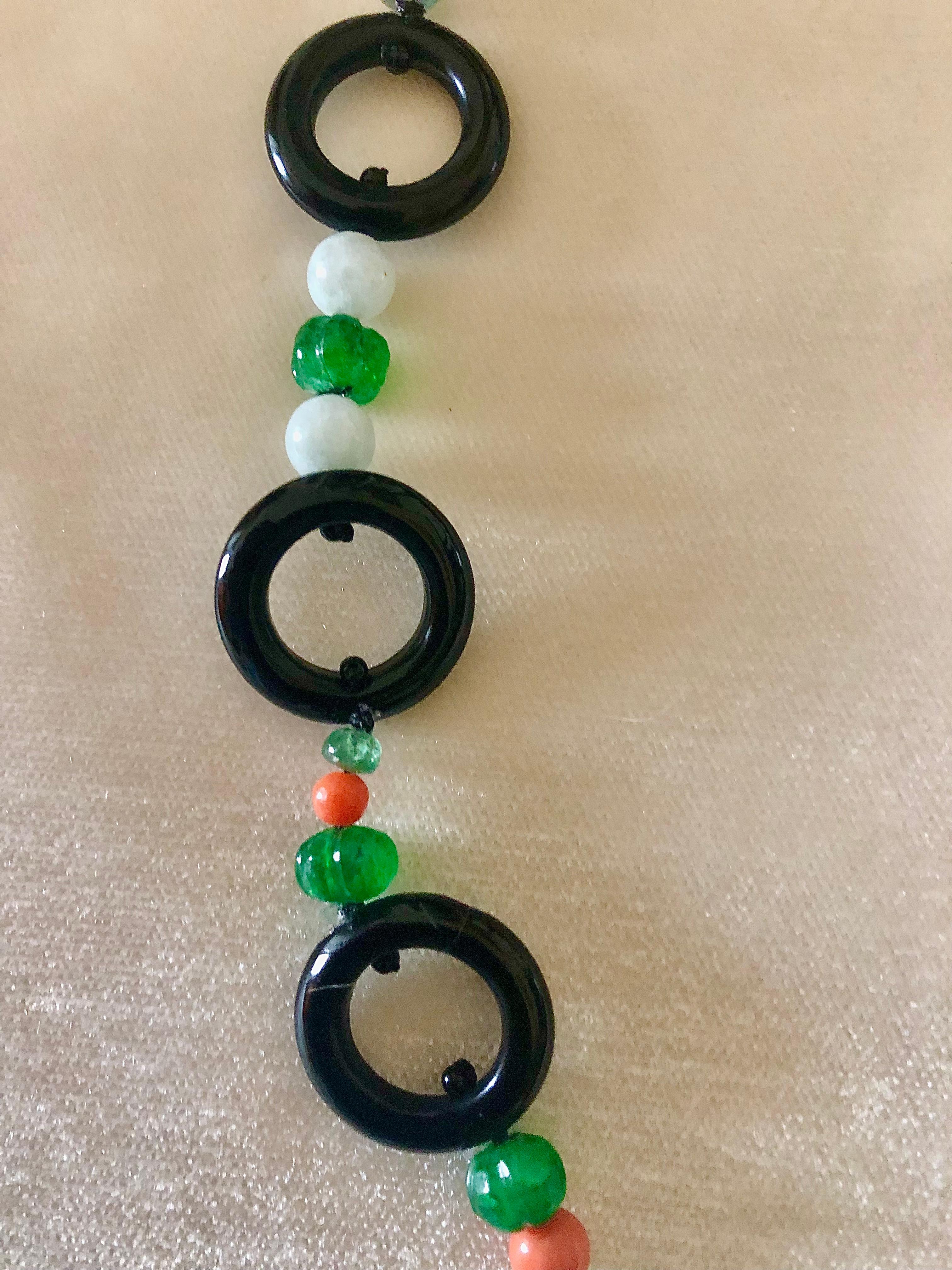 Bead Celadon Jade , black onyx , emerald and coral necklace For Sale