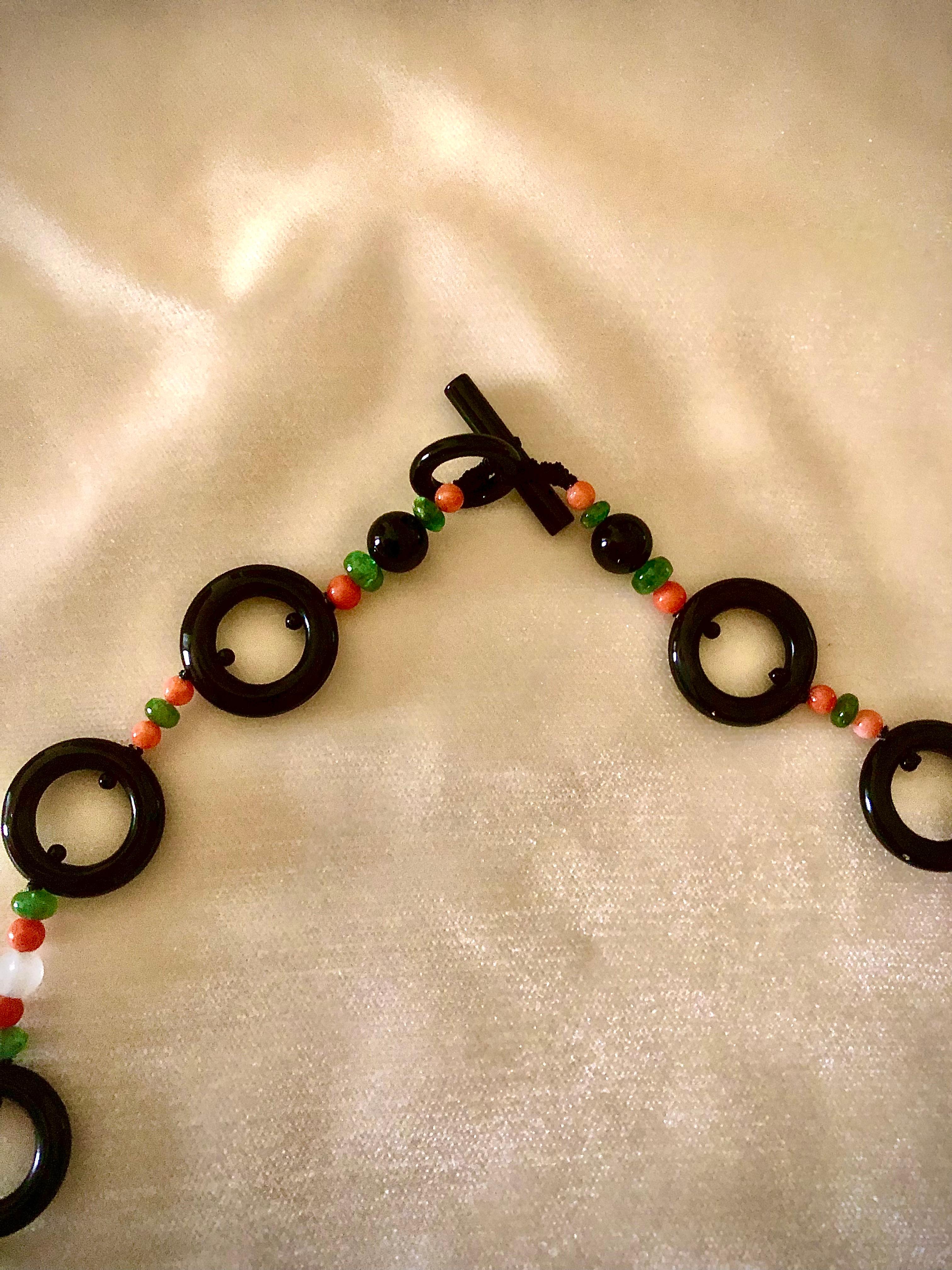 Celadon Jade , black onyx , emerald and coral necklace In New Condition For Sale In New Orleans, LA