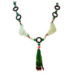 Celadon Jade , black onyx , emerald and coral necklace