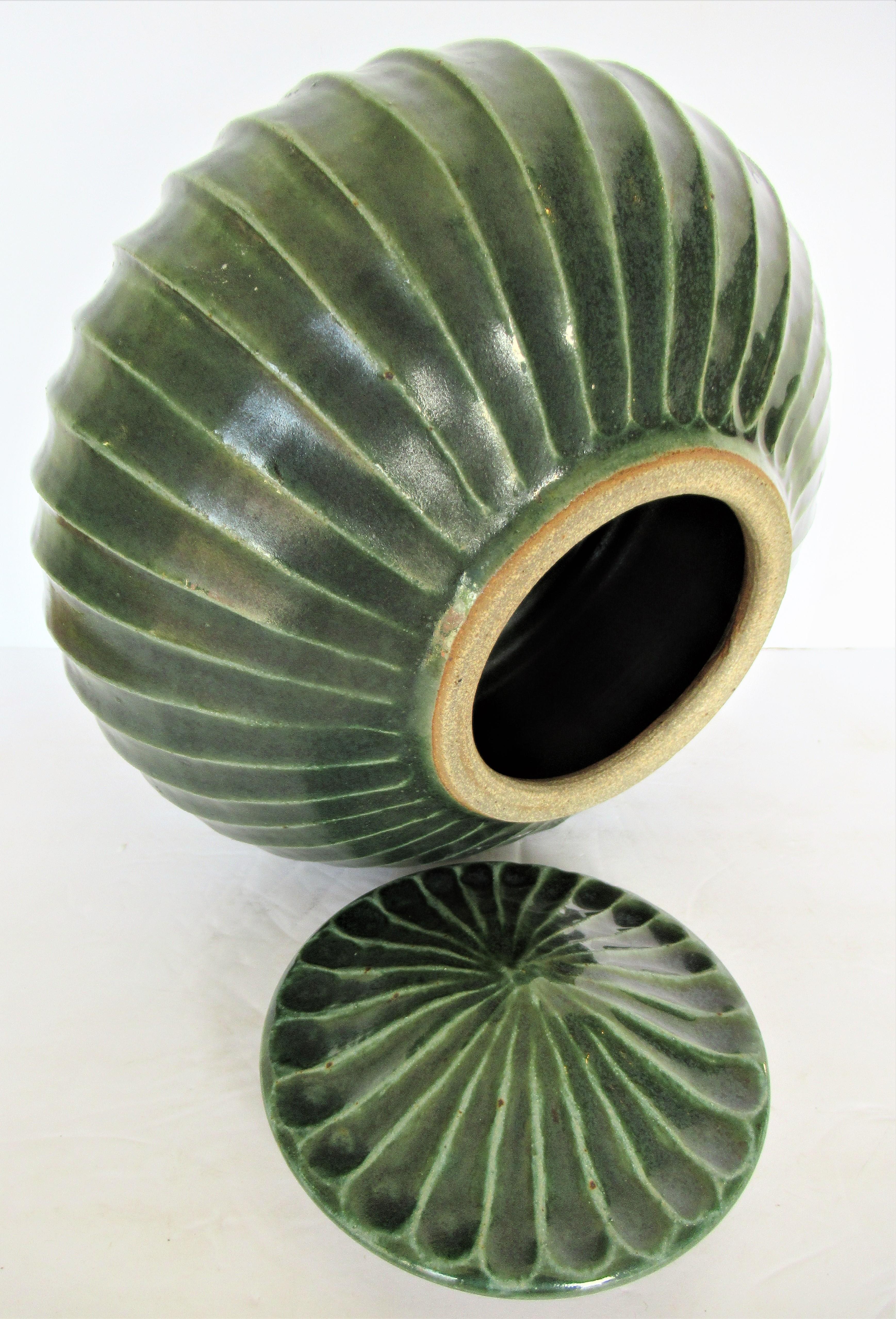 20th Century Celadon Jade Green Glazed Stoneware Lidded Vessel