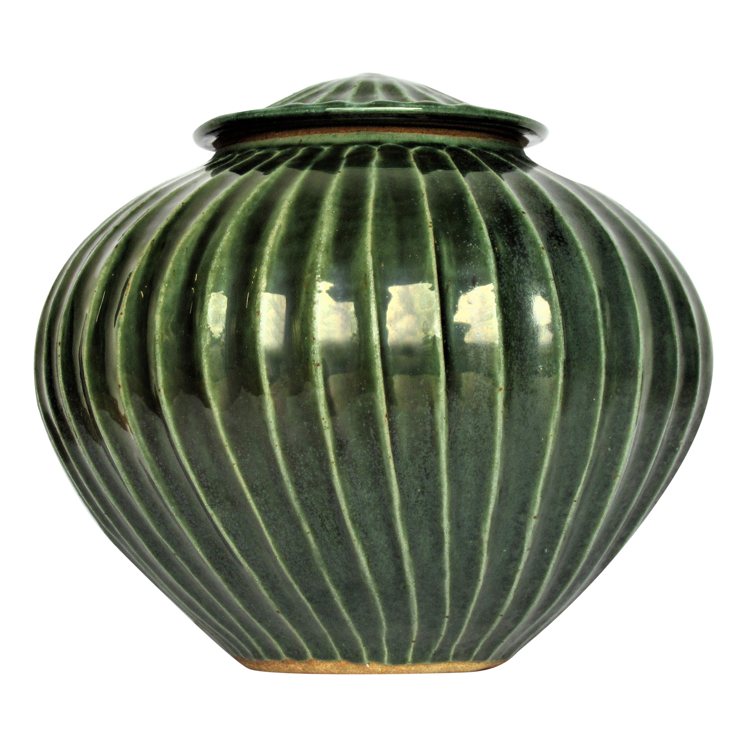 Celadon Jade Green Glazed Stoneware Lidded Vessel