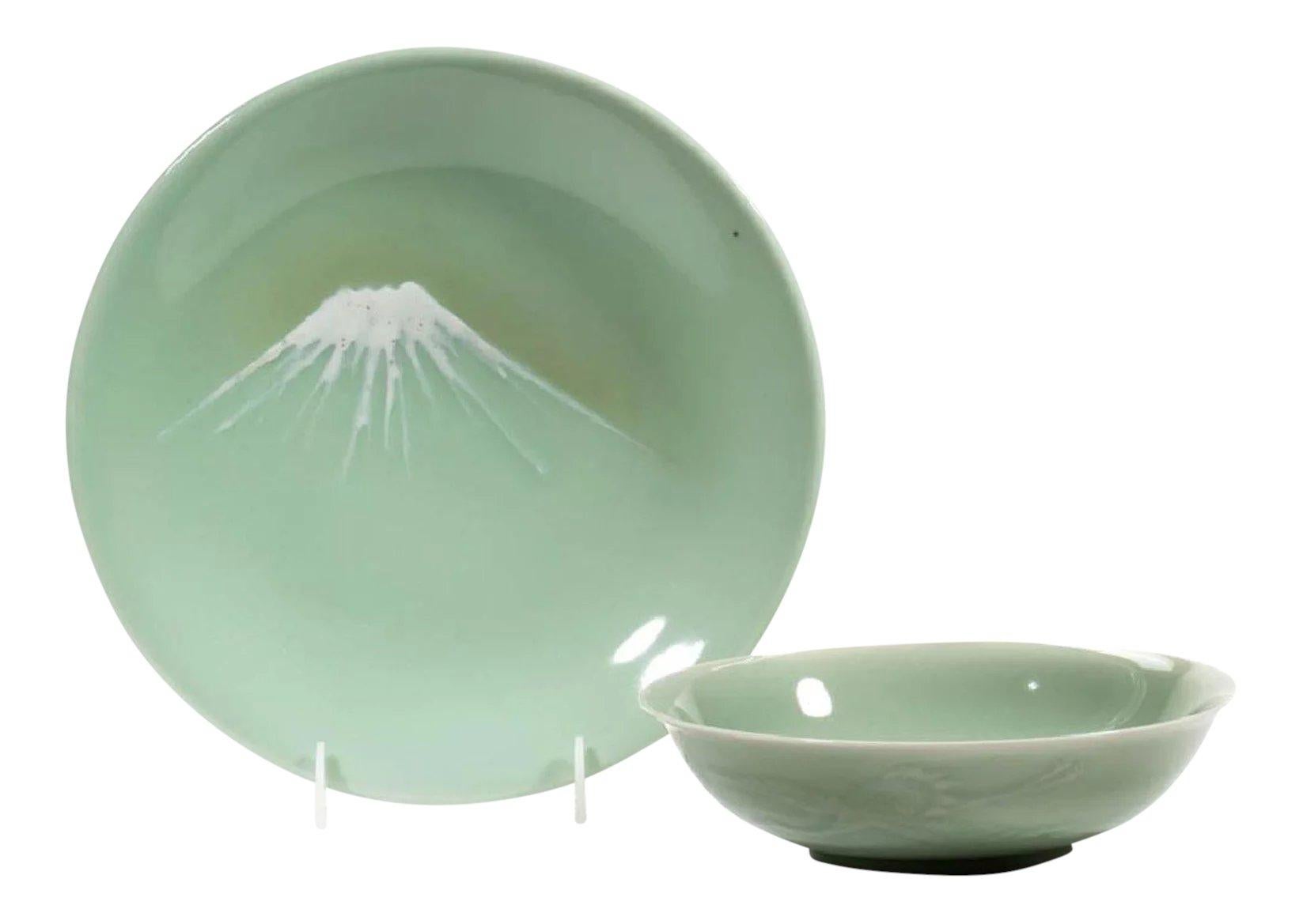 Anglo-Japanese Celadon Japanese Mt. Fuji Landscape Hand-painted Porcelain Serveware Plate, Bowl