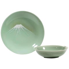 Celadon Japanese Mt. Fuji Landscape Hand-painted Porcelain Serveware Plate, Bowl
