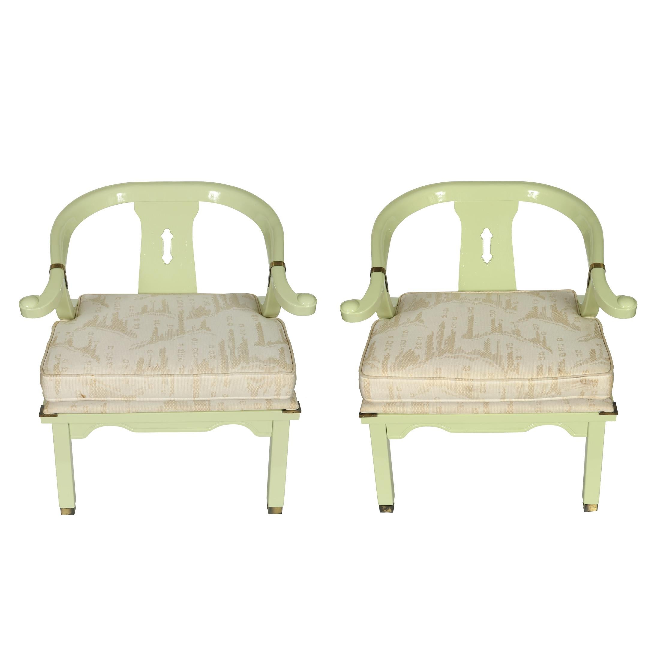 Celadon lacquered, midcentury, James Mont style Ming chairs with brass accents.