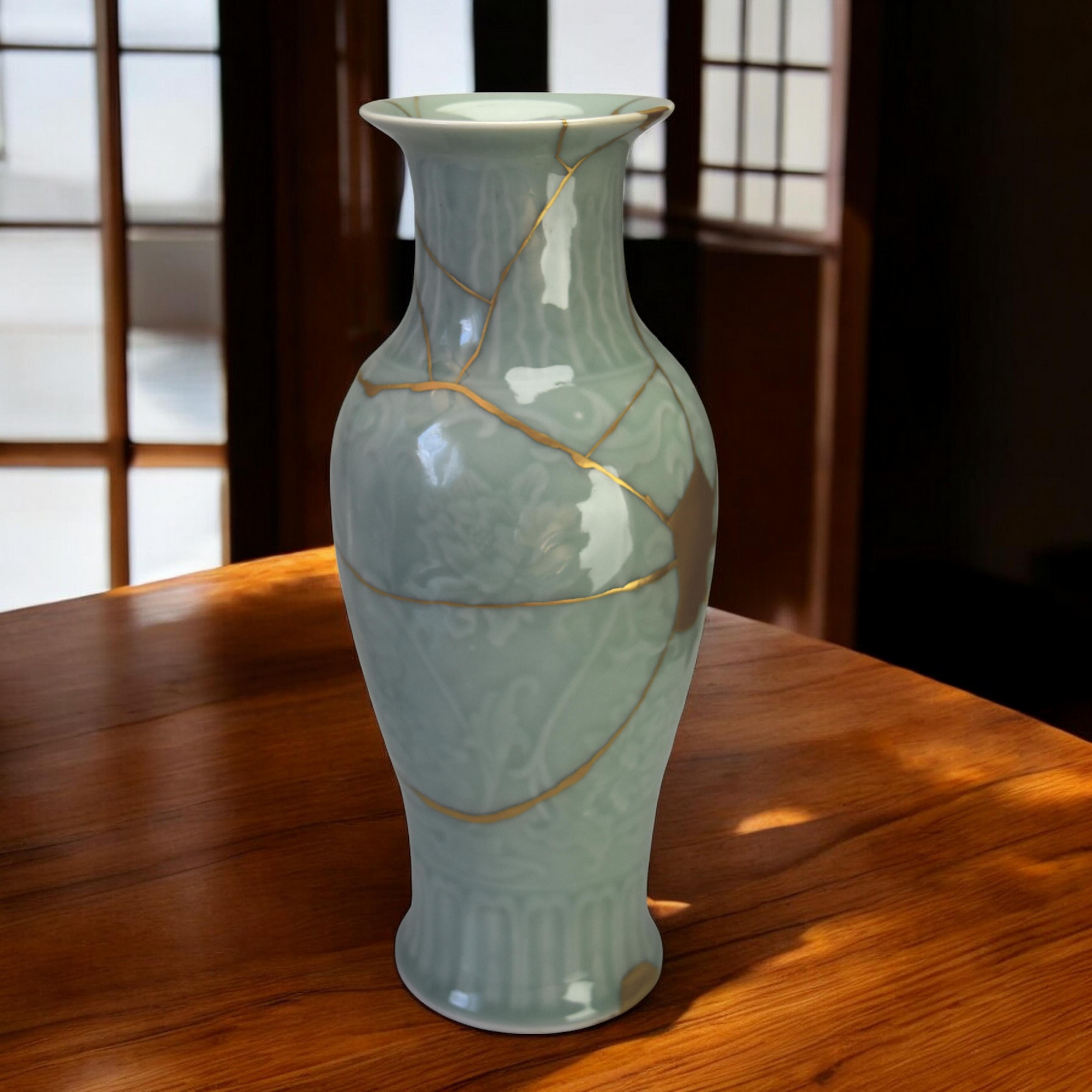 Japonisme Celadon Meiping Vase with Kintsugi, Late 19th Century For Sale
