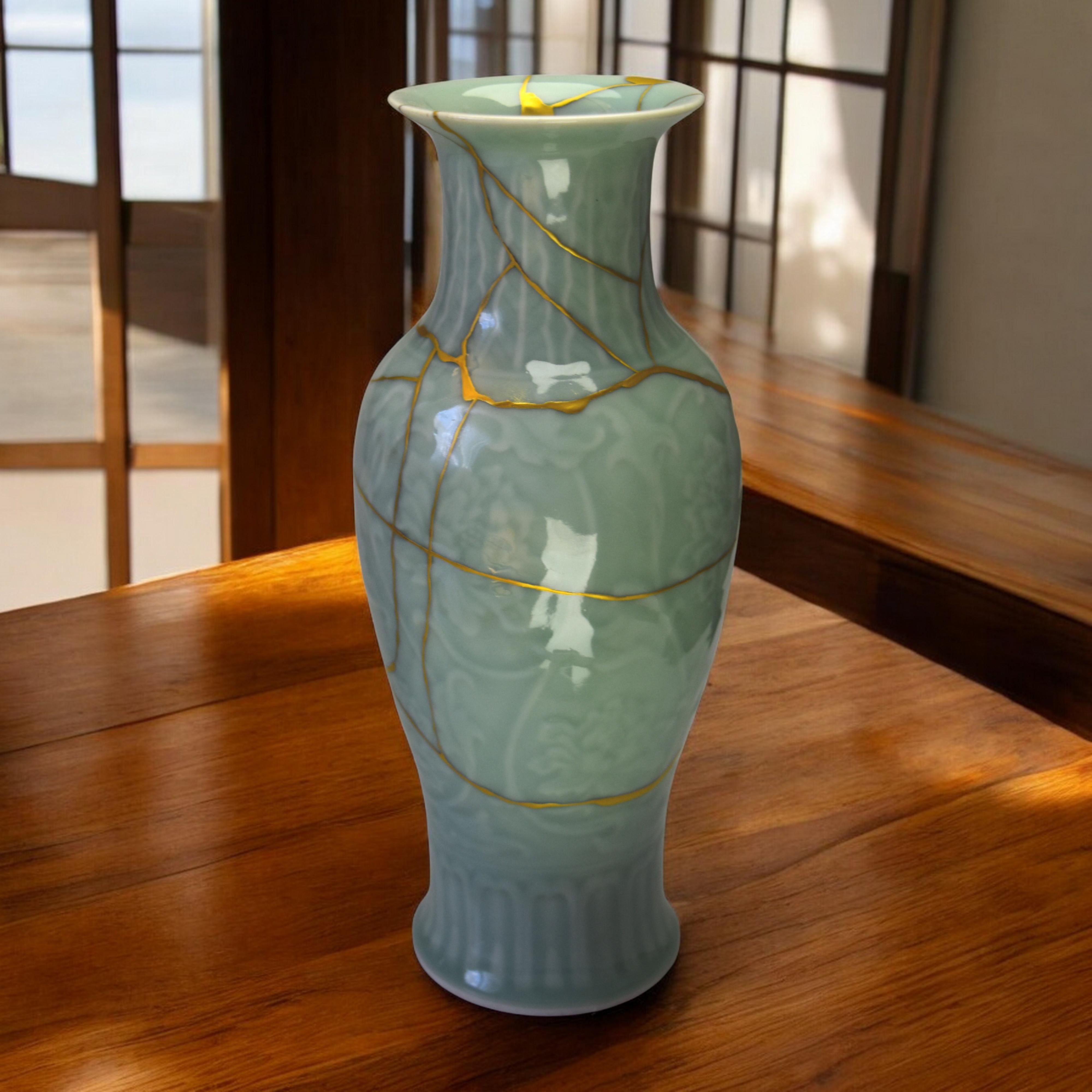 Chinese Celadon Meiping Vase with Kintsugi, Late 19th Century For Sale