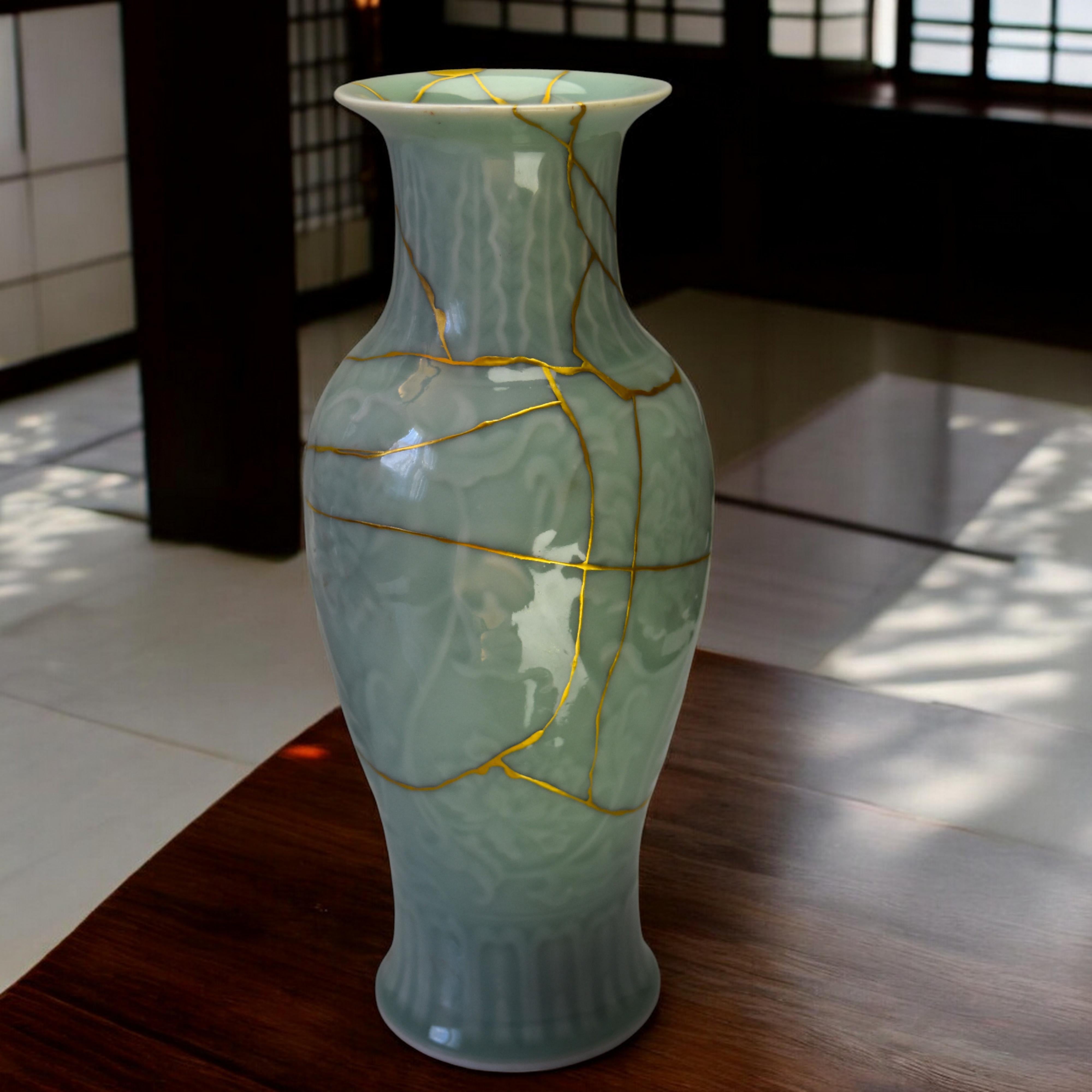 Gilt Celadon Meiping Vase with Kintsugi, Late 19th Century For Sale