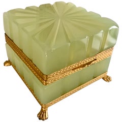 Celadon Opaline Murano Cut Glass Box with Gilt Metal Closure