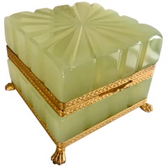 Vintage Celadon Opaline Murano Cut Glass Box with Gilt Metal Closure