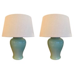 Celadon Pair Ginger Jar Shaped Lamps With Shades, China, Contemporary