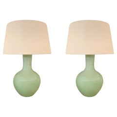 Celadon Pair Of Funnel Neck Lamps With Shades, China, Contemporary
