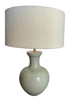 Celadon Pair Of Ribbed Detail Lamps With Shades, China, Contemporary