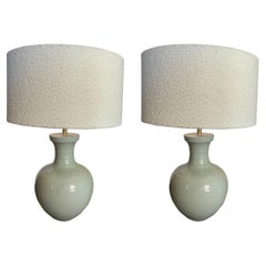 Celadon Pair Of Ribbed Detail Lamps With Shades, China, Contemporary