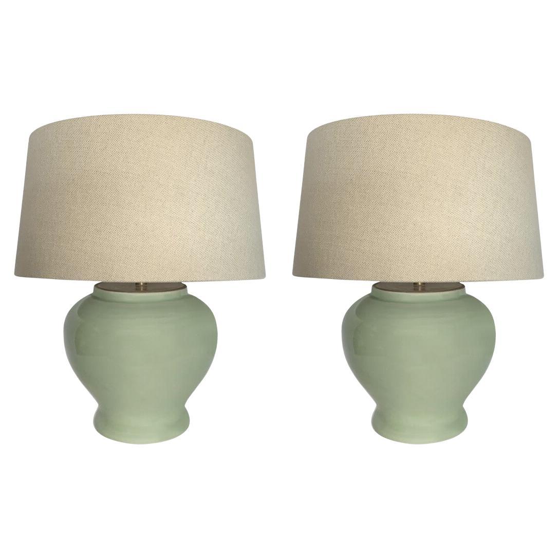 Celadon Pair Of Small Ginger Jar Shaped Lamps With Shades, China, Contemporary For Sale