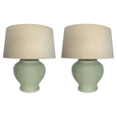 Celadon Pair Of Small Ginger Jar Shaped Lamps With Shades, China, Contemporary