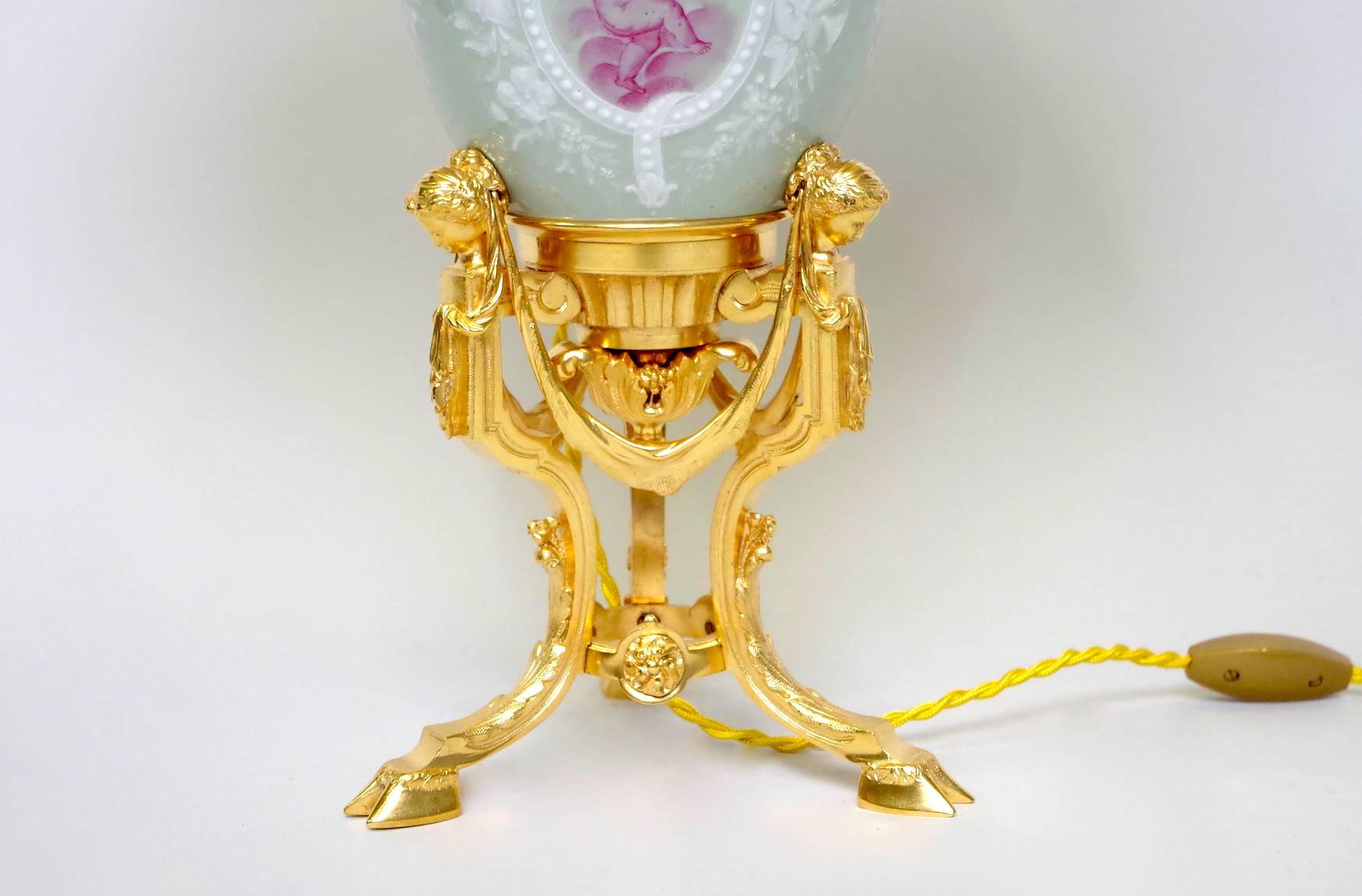 Louis XVI Celadon Porcelain Lamp on Tripod Stand, Late 19th Century