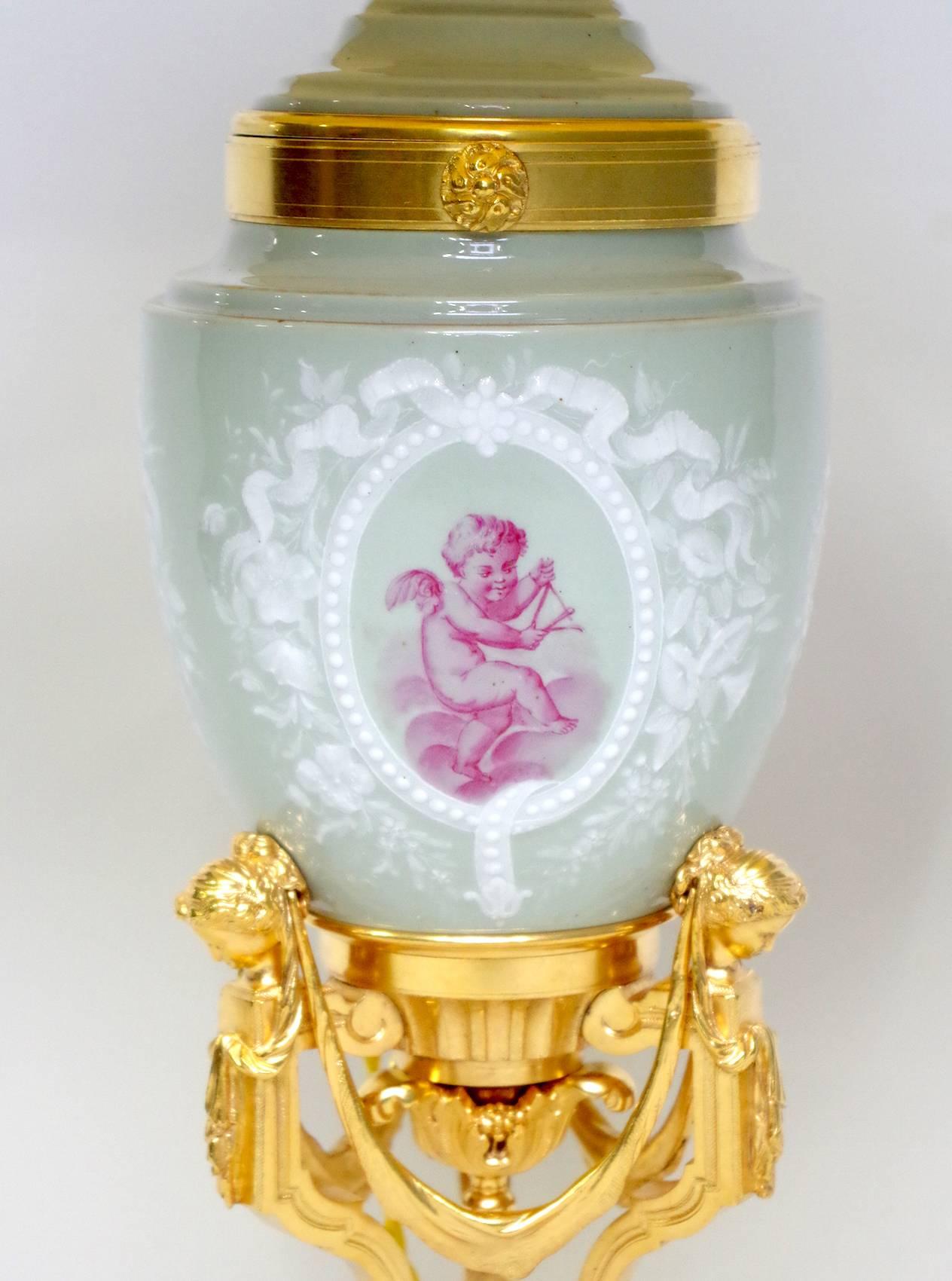 Gilt Celadon Porcelain Lamp on Tripod Stand, Late 19th Century