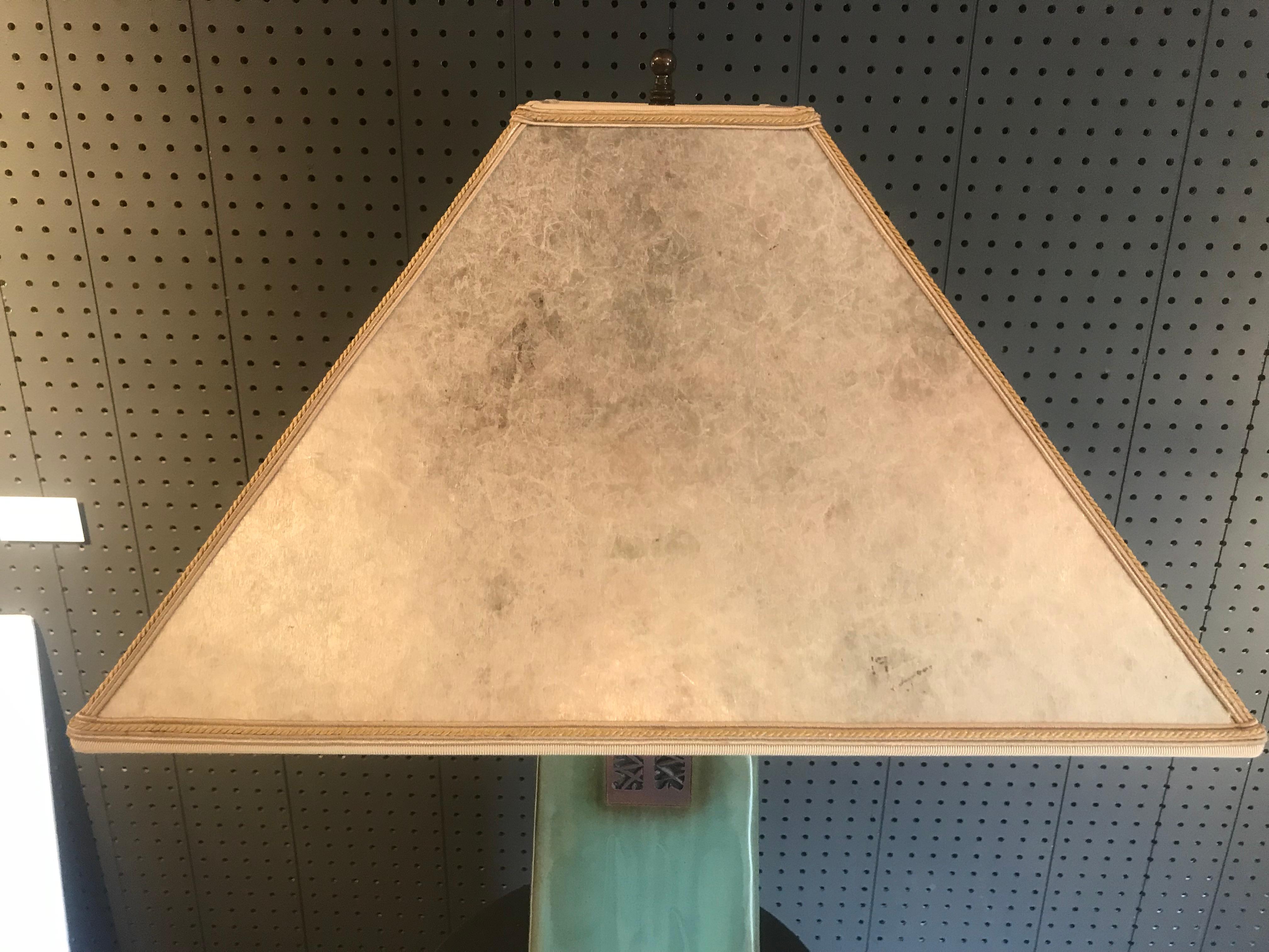Celadon Stoneware One of a Kind Lamp with Silver Mica Shade In Excellent Condition For Sale In Hopewell, NJ