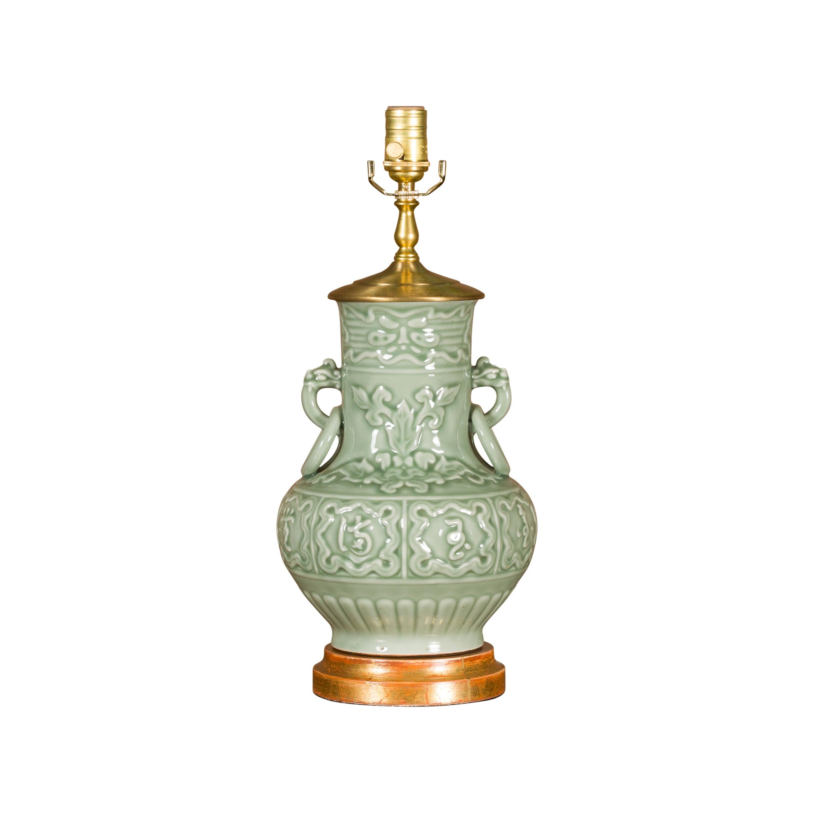 Celadon Table Lamp with Raised Motifs on Circular Gilt Base, Wired for the USA For Sale 4