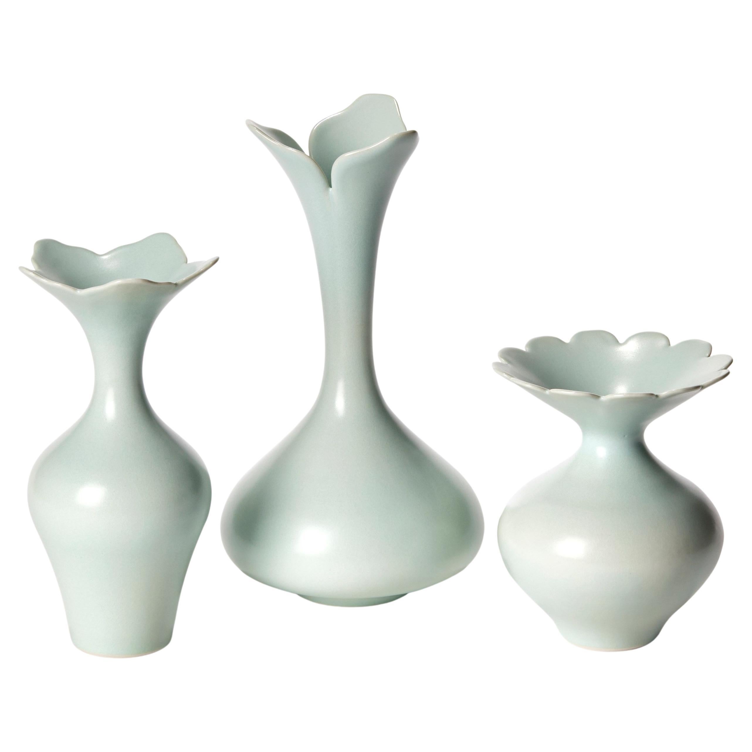 Celadon Trio, still life of three hand thrown porcelain vases by Vivienne Foley For Sale