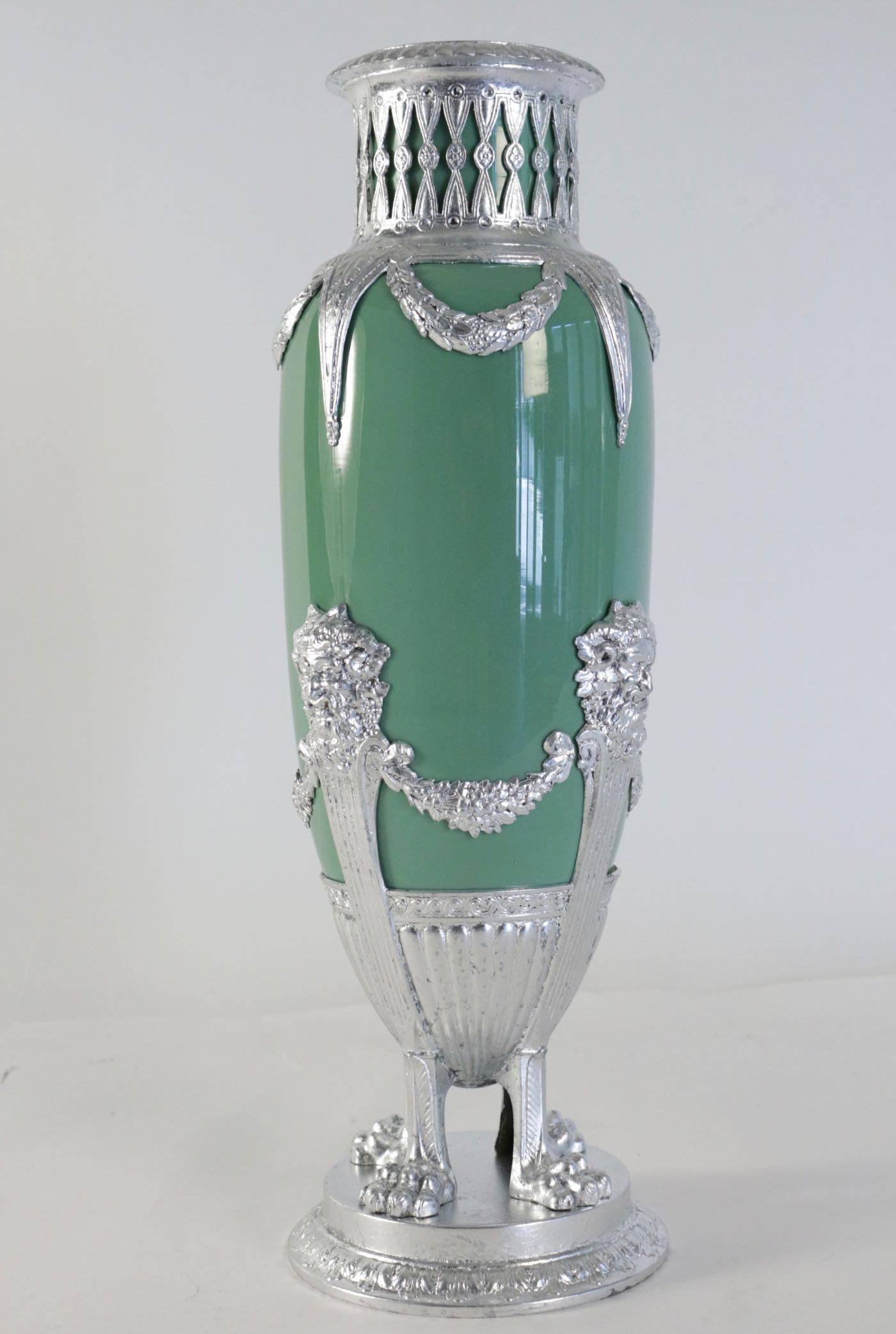 Celadon Vase in Faience, Silver Plate and Silver Leaf, 19th Century Period In Good Condition For Sale In Saint-Ouen, FR