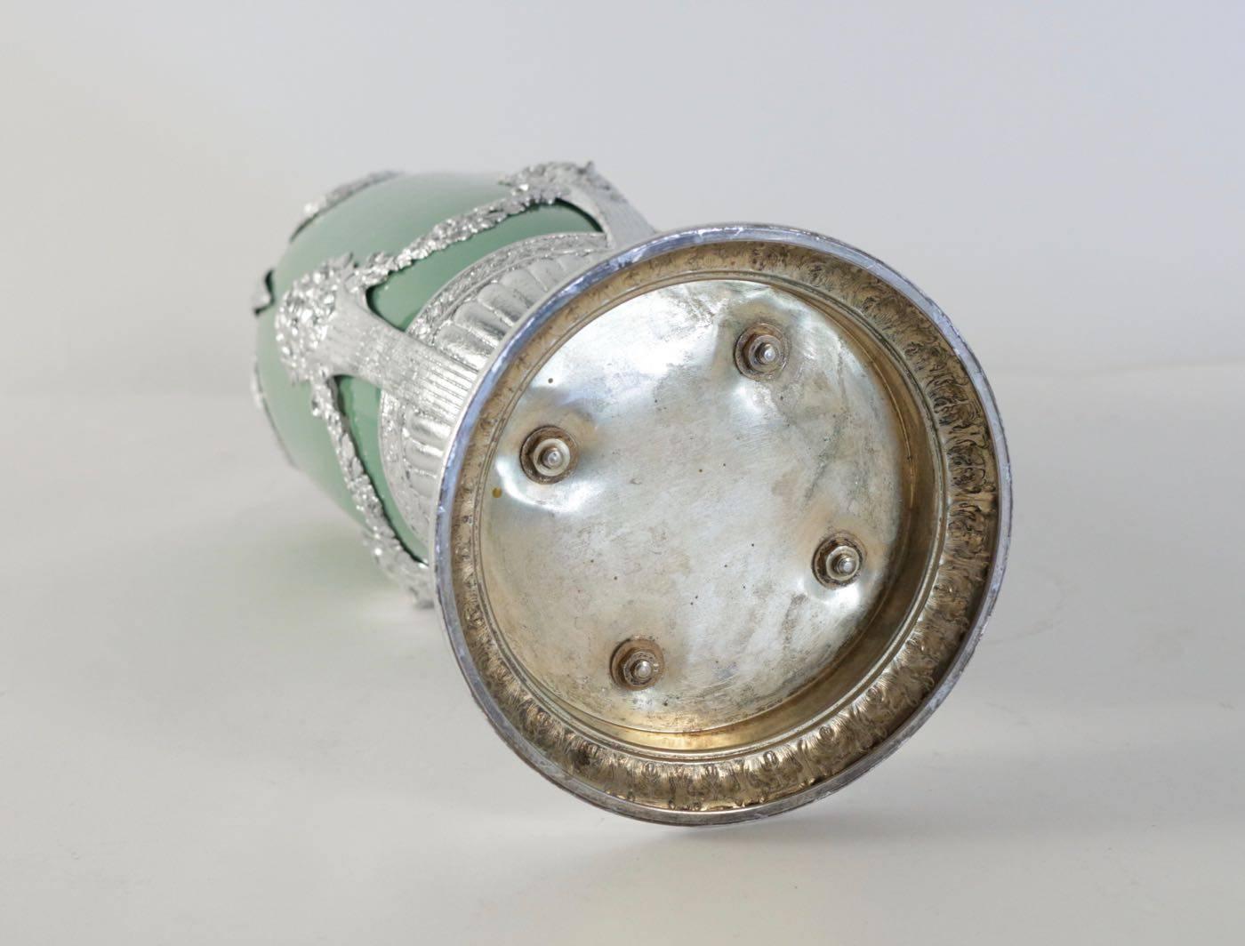 Metal Celadon Vase in Faience, Silver Plate and Silver Leaf, 19th Century Period For Sale