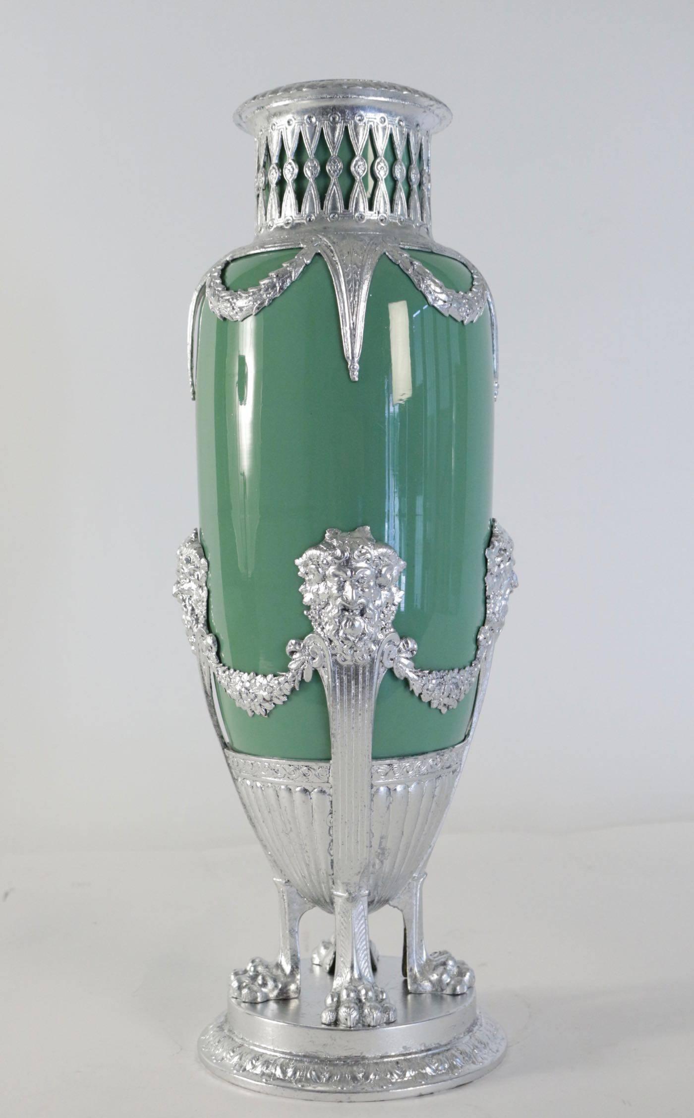 Celadon Vase in Faience, Silver Plate and Silver Leaf, 19th Century Period For Sale 2