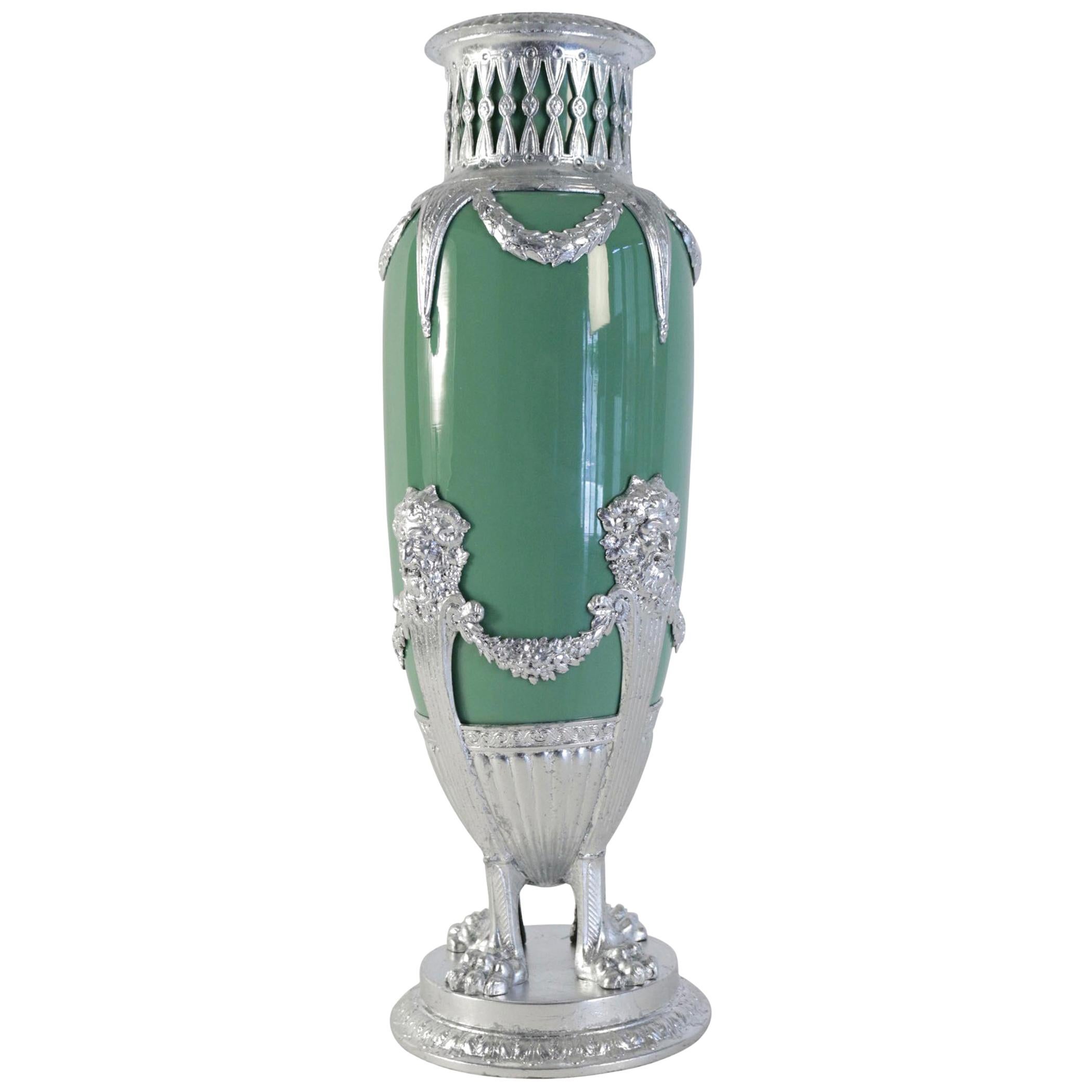 Celadon Vase in Faience, Silver Plate and Silver Leaf, 19th Century Period For Sale