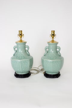 Celadon Vase Table Lamps - a Pair