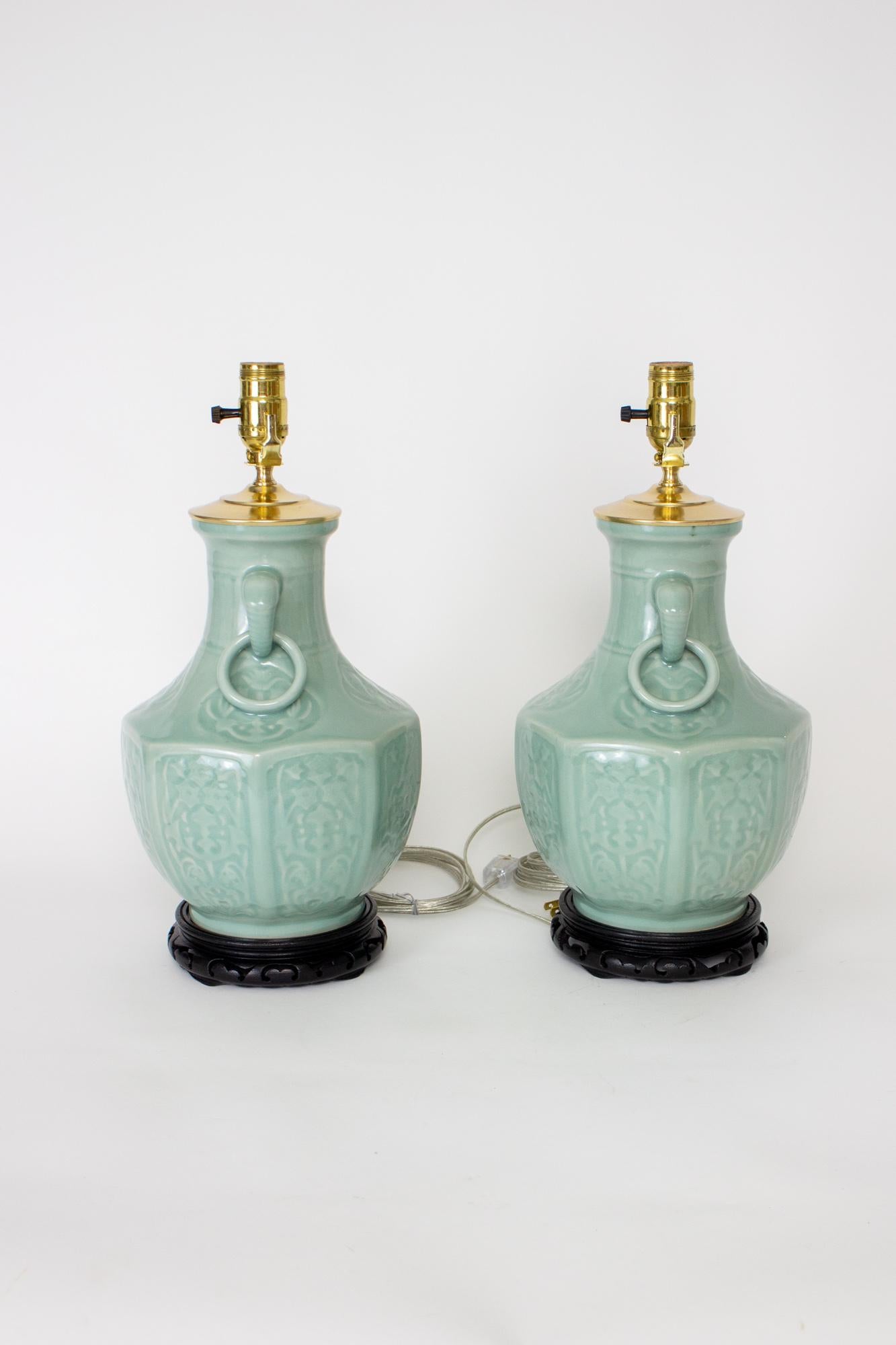 Chinese Export Celadon Vase Table Lamps - a Pair