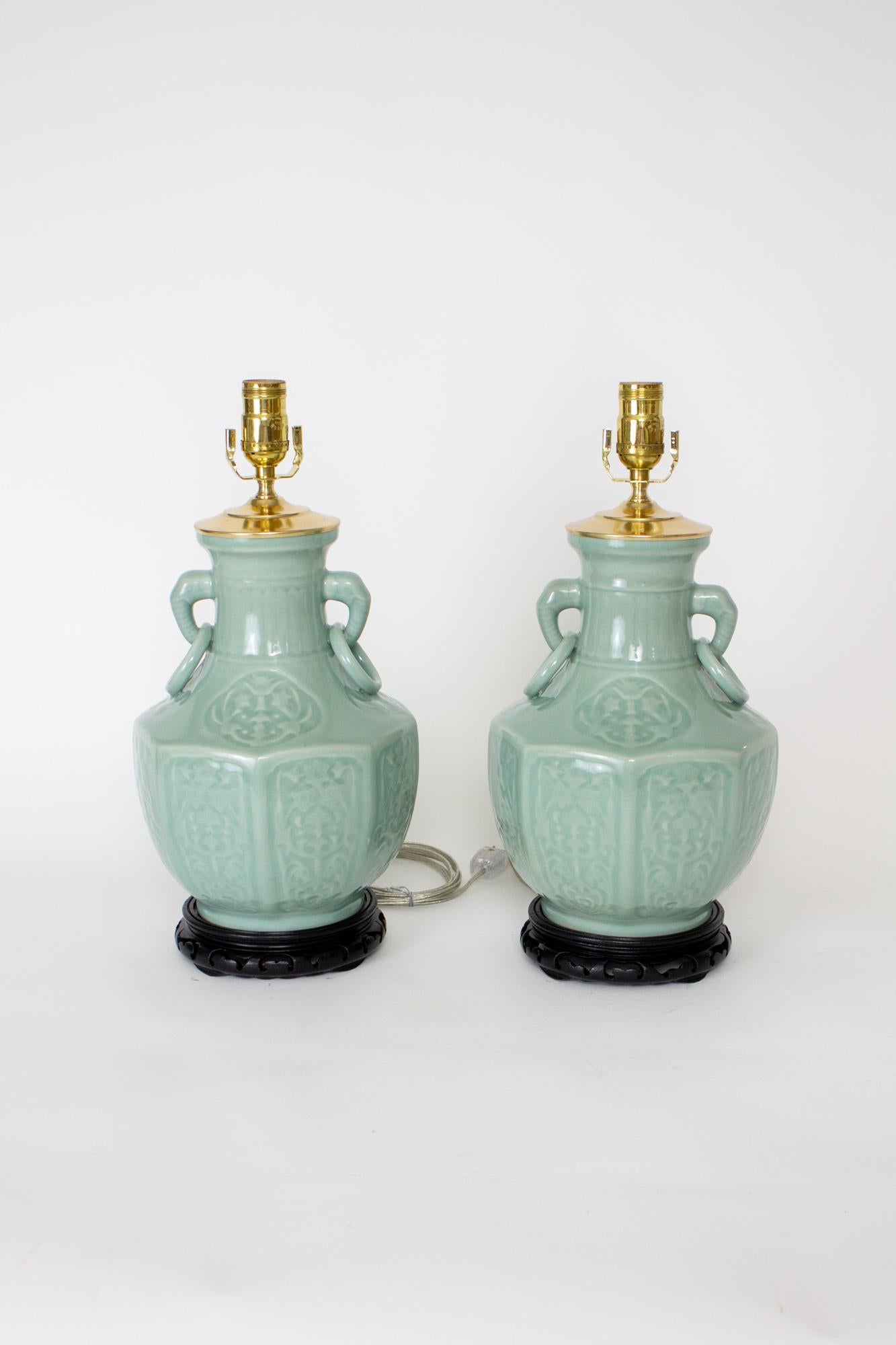 Chinese Celadon Vase Table Lamps - a Pair