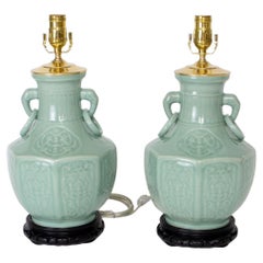 Celadon Vase Table Lamps - a Pair