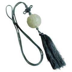 Celadon White Jade Pendant – Openwork Chilong & cloud Motif,  & Silk Tassel