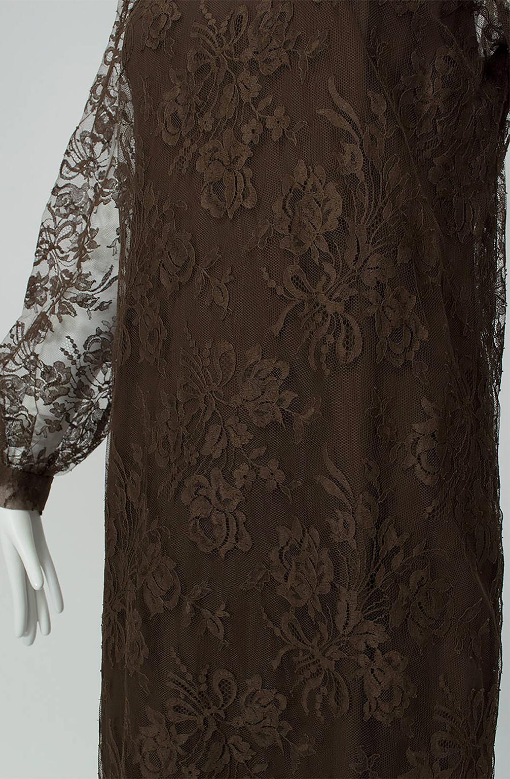 Cele Peterson Brown Illusion Lace Long Sleeve Scalloped Shift Dress - S, 1960s 3
