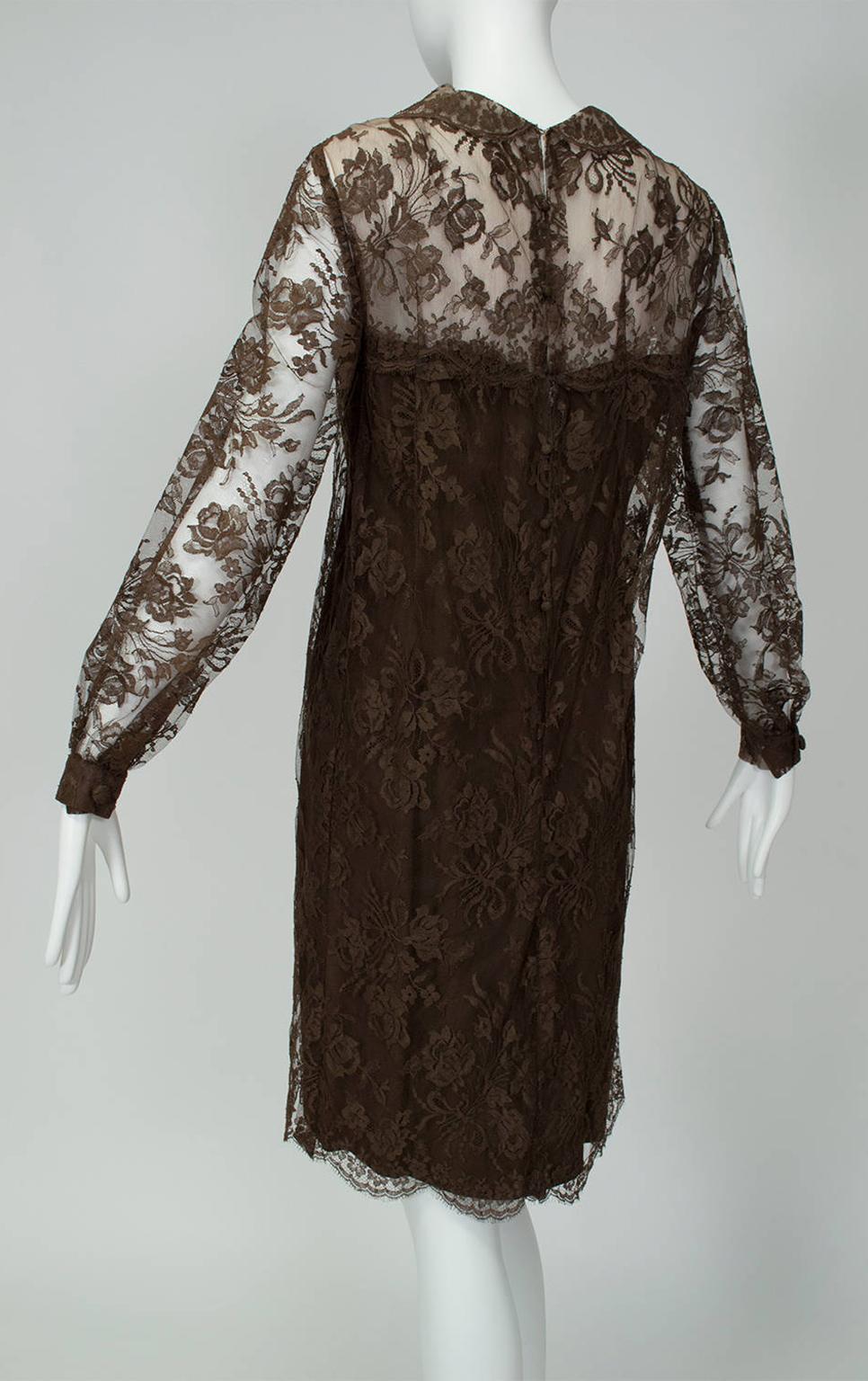Cele Peterson Brown Illusion Lace Long Sleeve Scalloped Shift Dress - S, 1960s 4